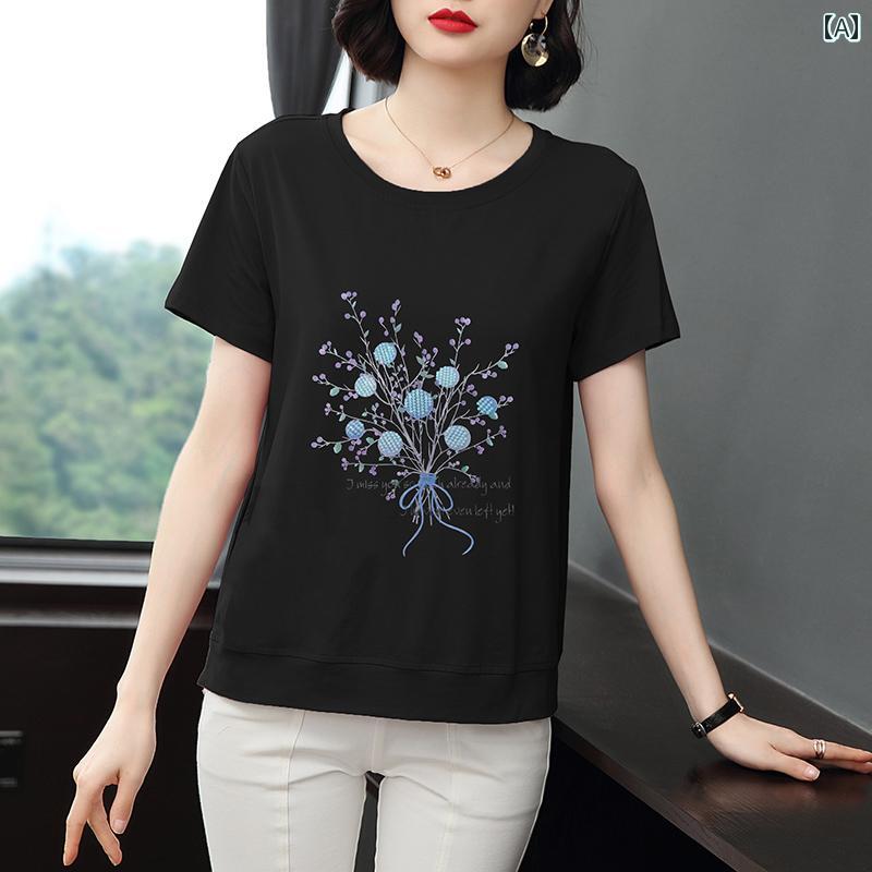 レディース カジュアル 夏 トップス シャツ サマー 快適 普段使い 婦人服 マザーズ ミドルエイジ ママ 服 女性 半袖 プリントコットン 着痩せ お腹 カバー