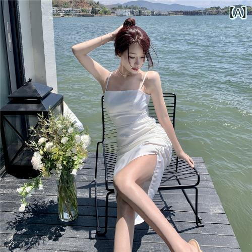 レディース 夏 ワンピース フレンチ ホワイトサテン サスペンダー ドレス ハイエンド スリム スリット ヒップ カバー イレギュラー スカート