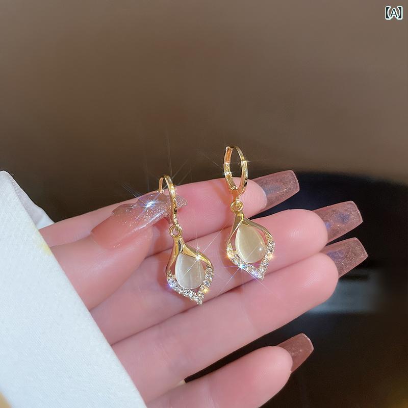 ピアス 大人かわいい 韓国 涙 イヤーフック ドロップ型 キャッツアイ ストーン 耳飾り オールシーズン レディース アクセサリー