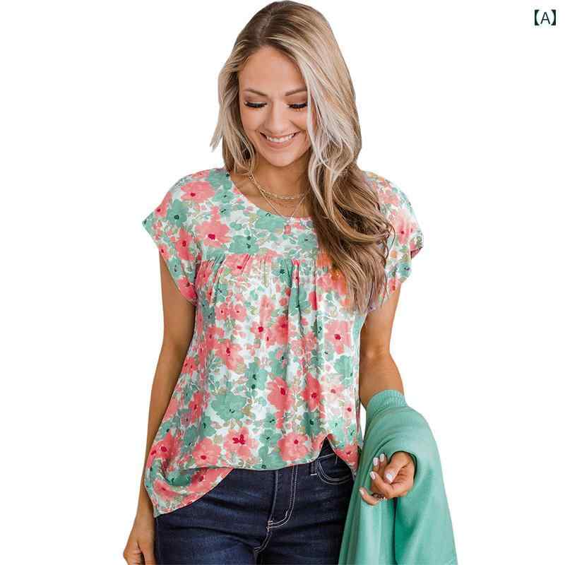 レディース ファッション アメリカ エスニック ベビー ドール シフォンシャツ 夏 プリントプルオーバー..