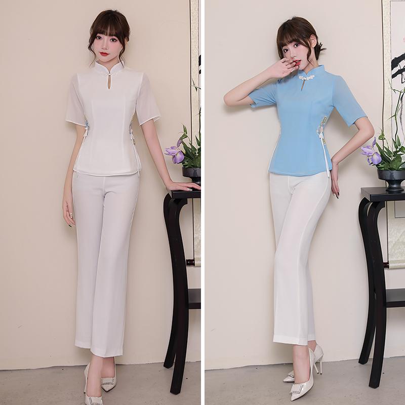 美容師 作業着 スパ エステシャン 技術者 シャツ マッサージ師 按摩師 制服 エステシャン ズボン スーツ ミドルスリーブ 半袖