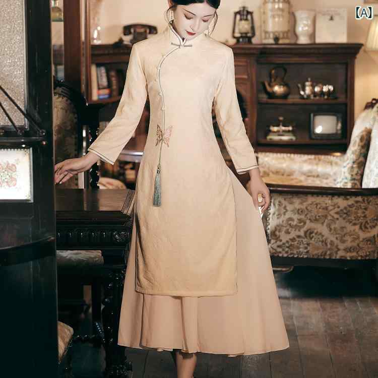 ドレス アオザイ コスプレ 民族衣装 レディース チャイナ 上品 洗練 ハイエンド 秋冬 長袖 エレガント レトロ ティー