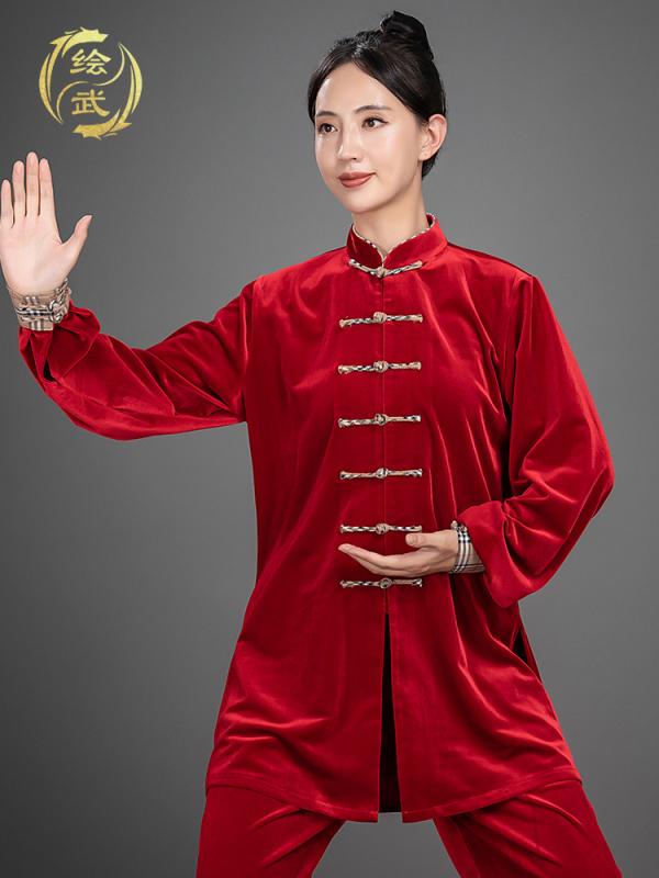 レディース 秋 冬 太極拳 スーツ 体操服 武術 武道着 トレーニング ウェア マーサージ師 ユニホーム 厚手 ゴールド ベルベット 韓国 ベルベット 太極拳 練習 スーツ