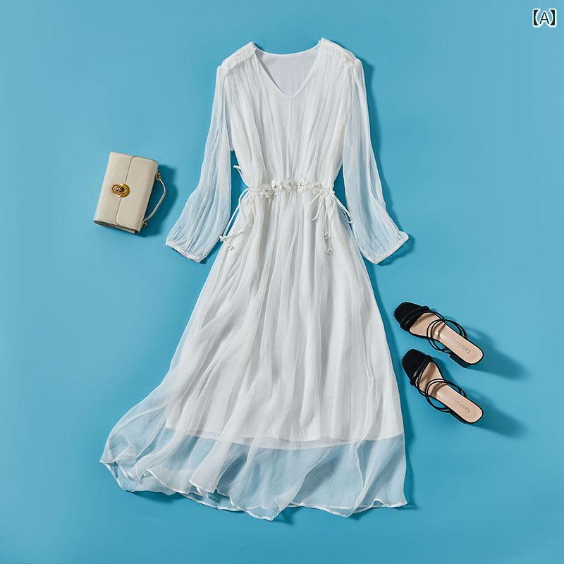 レディース 夏 ワンピース きれいめ V ネック エレガント ロング スカート 春 無地 シンプル ウエスト 高級感 ネクタイ