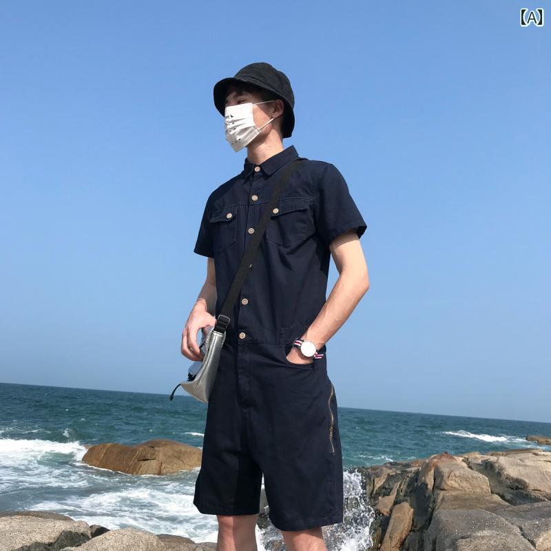 Overalls - 夏 ショート パンツ メンズ スリム ヒップ ホップ オーバー オール 半袖 ジャケット カップル スクエアネック
