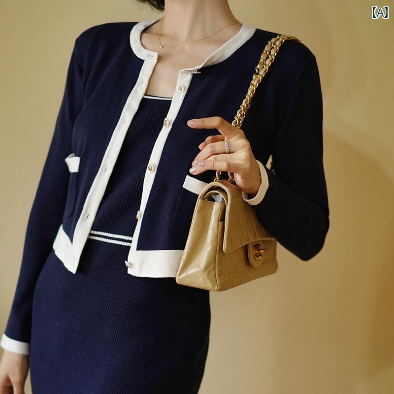 袖しワンピースジャケット セットアップ レディース ニットスーツ クラシック ショート丈上着 タイトミモレ丈 スクエアネック ストレート エレガント シック コントラストカラー ドレススーツ 春秋