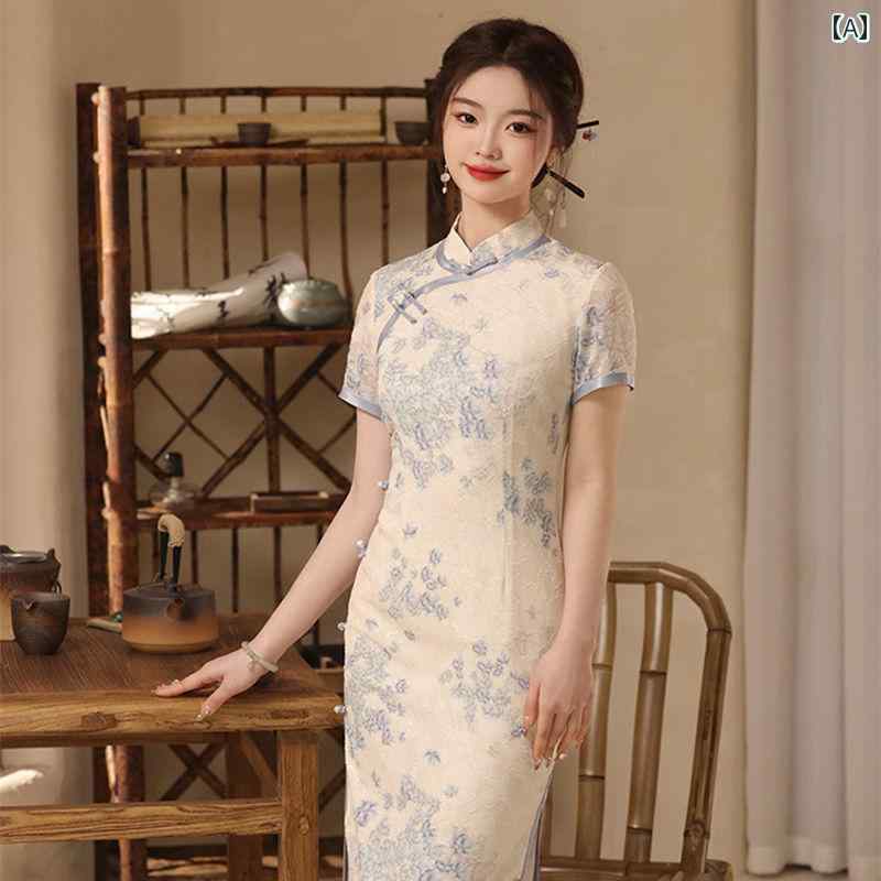 China Dress - レディース 夏 チャイナ ドレス かわいい ワンピース レース ハイエンド 女性 フレッシュ エレガント ミドル丈