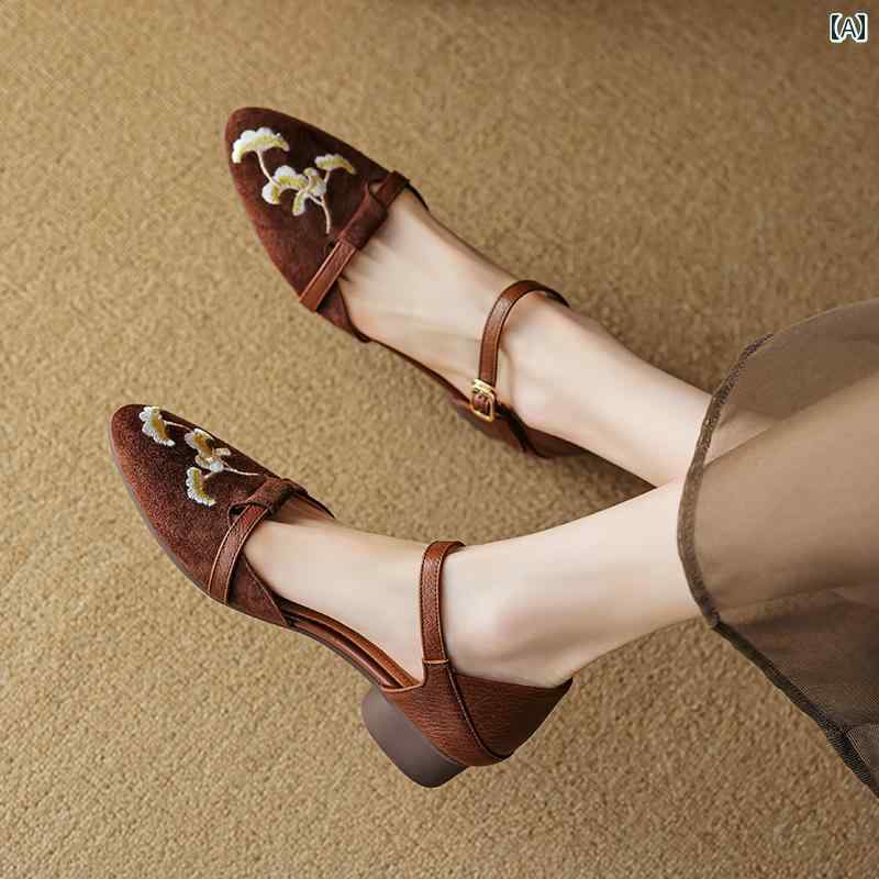 レディース 夏 ミュール サンダル おしゃれ 中華風 女性 靴 刺繍 包頭 フェアリー スタイル アウターウェア ぺたんこ スカートに合う