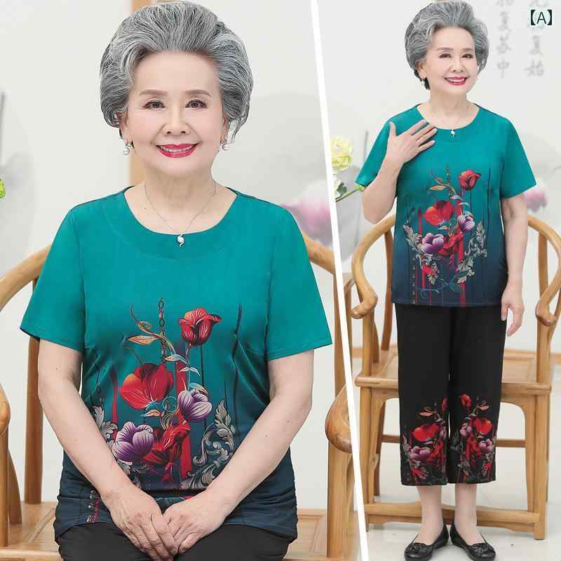 おばあちゃん 夏 半袖 Tシャツ スーツ レディース おしゃれ 2点セット セットアップ シニア 大きめサイズ ゆったりタイプ プルオーバー 薄手 ラウンドネック ファッション