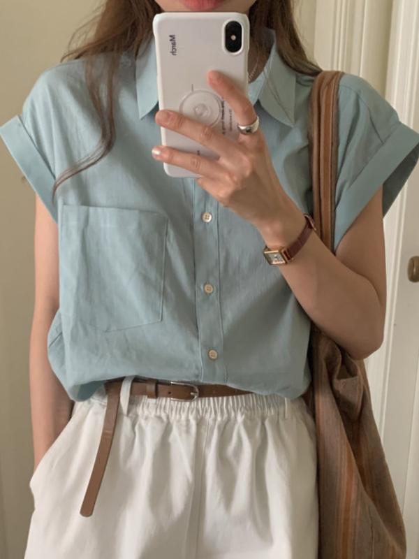 シャツ パンツ レディース ファッション 韓国 シック 夏 若々しい レトロ 塩 衣装 シンプル 無地 ショ..