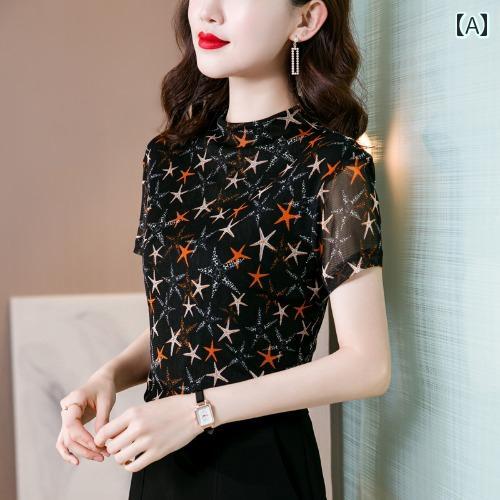 レディース 夏 カジュアル T シャツ 半袖 マザーズ 婦人服 おしゃれ 普段使い 女性用 t メッシュ 伸縮性 ハーフ タートルネック レイヤリング 薄手 プリント トップス