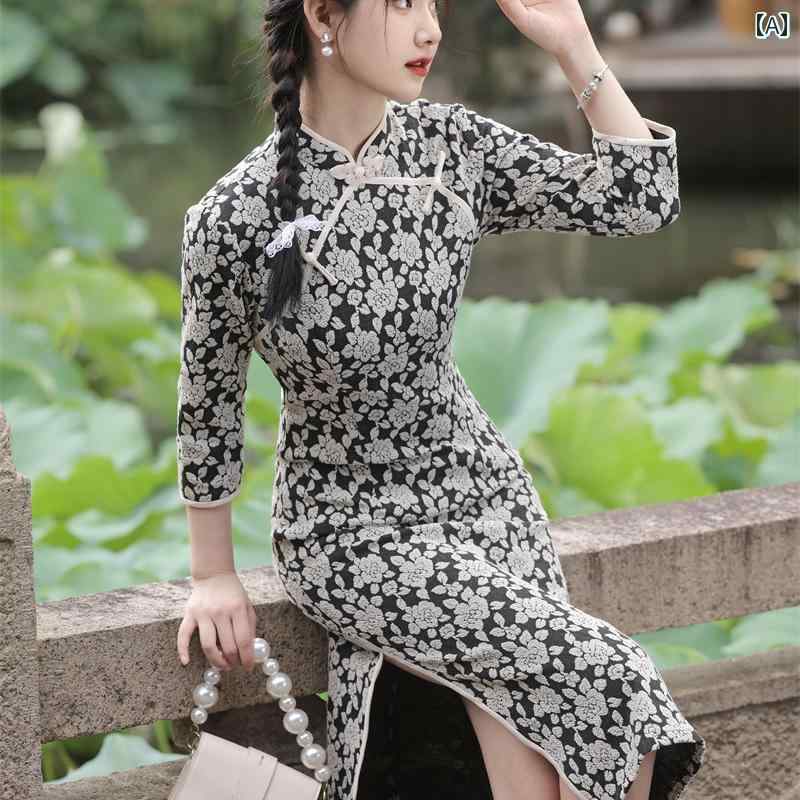 ドレス チャイナ エレガント おしゃれ レディース コスプレ 秋 スクエア ブレスト ニット ミドル丈 上品 洗練 芸術的 レトロ スリムフィット マザー