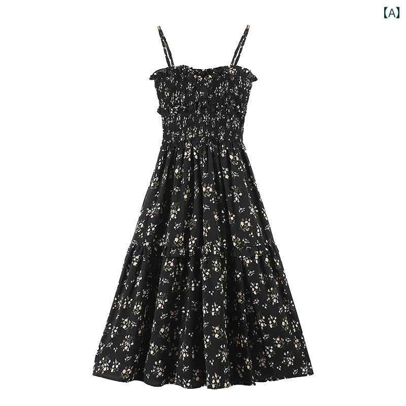 レディース 夏 ワンピース かわいい フレンチ 優しい サスペンダー ドレス 女性 韓国 ティーブレイク ウエスト 締める 花柄 ロング スカート