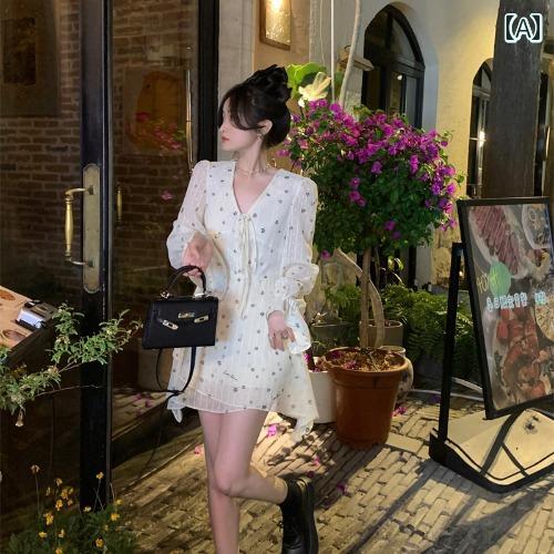 レディース ワンピース おしゃれ 大人 かわいい 春 フレンチ ジェントル 不規則 花柄 V ネック 着痩せ 長袖 a ライン スカート