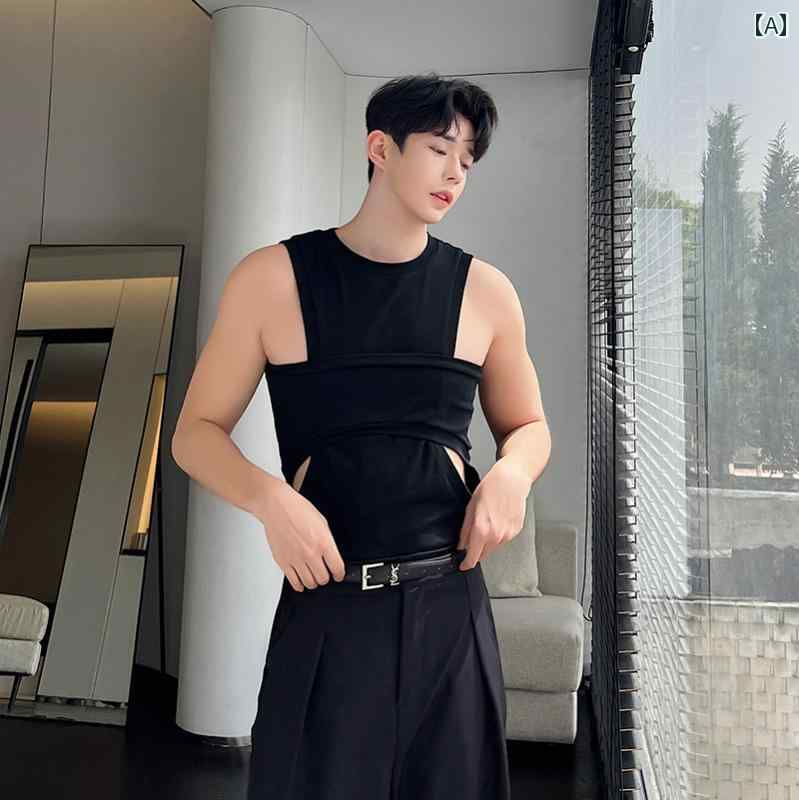 夏 メンズ ベスト ボトシャツ タイト メンズ ボーイ Tシャツ スリムフィット スウェットベスト 生地裾 ラウンドネック プルオーバー