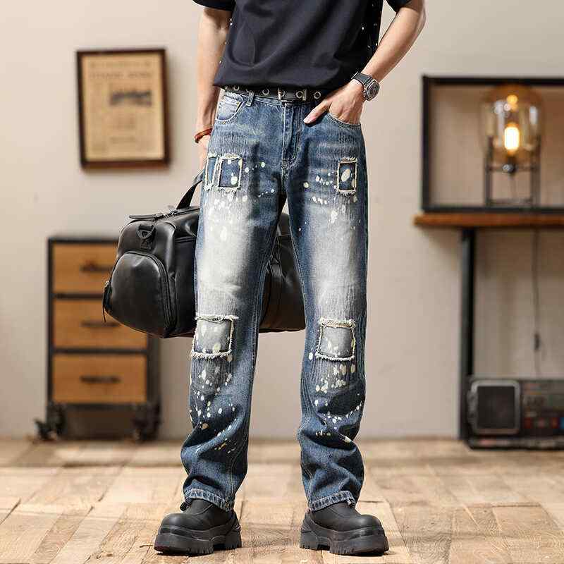 パンツ デニムパンツ メンズ ボトムス ズボン 大きめ サイズ 秋冬 破れた ミディアム ハイウエスト ストレート ブルー ジーンズ