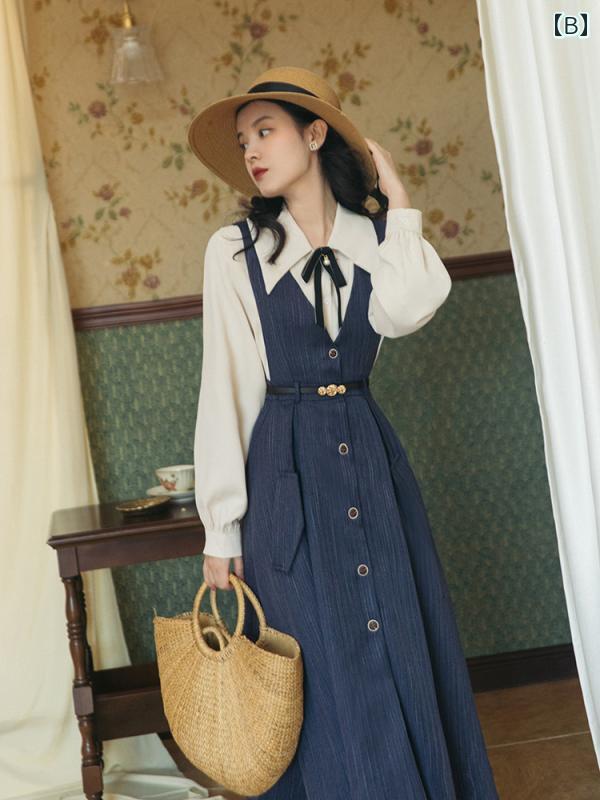 レディース 婦人服 スカート ブラウス シャツ リボン サスペンダー セットアップ セットアップ レトロ フリル シフォン 英国 秋