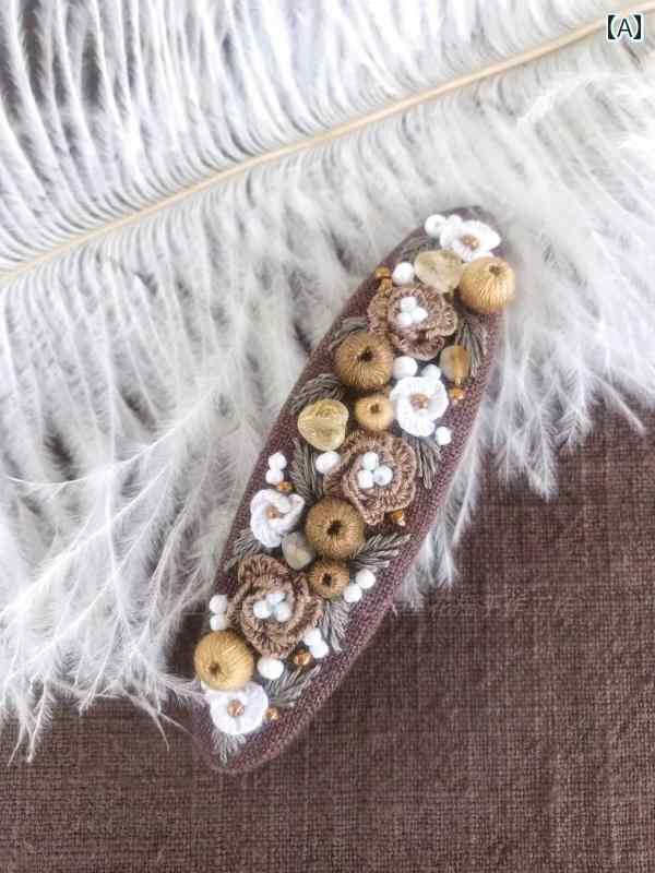 バレッタ おしゃれ レディース ファッション ヘア アクセサリー オールシーズン 布 フラワー 立体 刺繍 トップ クリップ