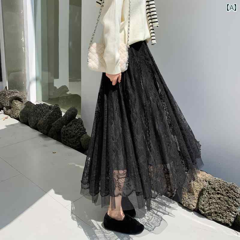 Skirts - レディース パレス 風 刺繍 レース スーパー フェアリー スカート ハイウエスト ミドル丈 スリム a ライン ビーズ ガーゼ ドレープ ロング