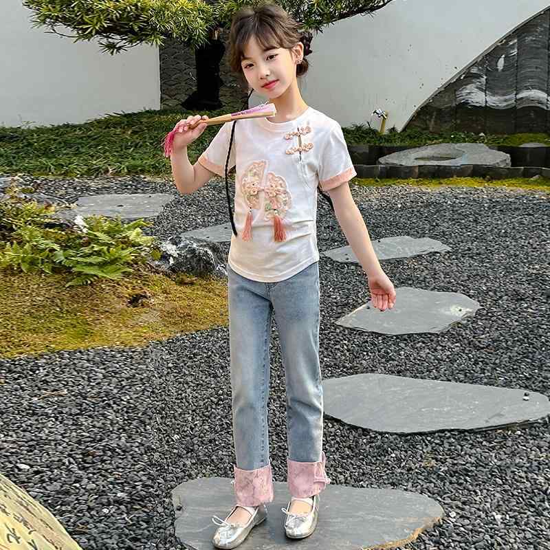 子供服 セットアップ トップス シャツ ロング パンツ ズボン セット チャイナ風 女の子 薄手 半袖 キッズ 夏 子供