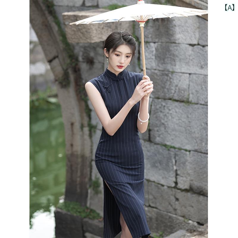 Rakuten - ドレス 民族衣装 コスチューム レディース 美しい 中華風 チャイナ 夏 女性 ウェアラブル ダーク ブルー ノースリーブ キャットウォーク