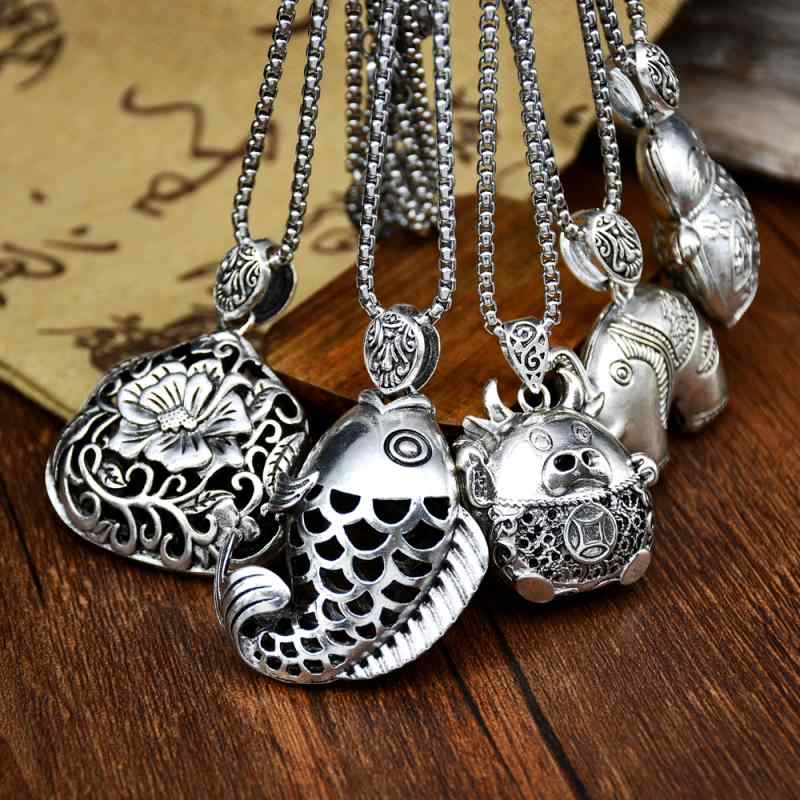 ネックレス レトロ シルバー エスニック 動物 干支 牛 魚 ペンダント シンプル ステンレス セーター ネ..