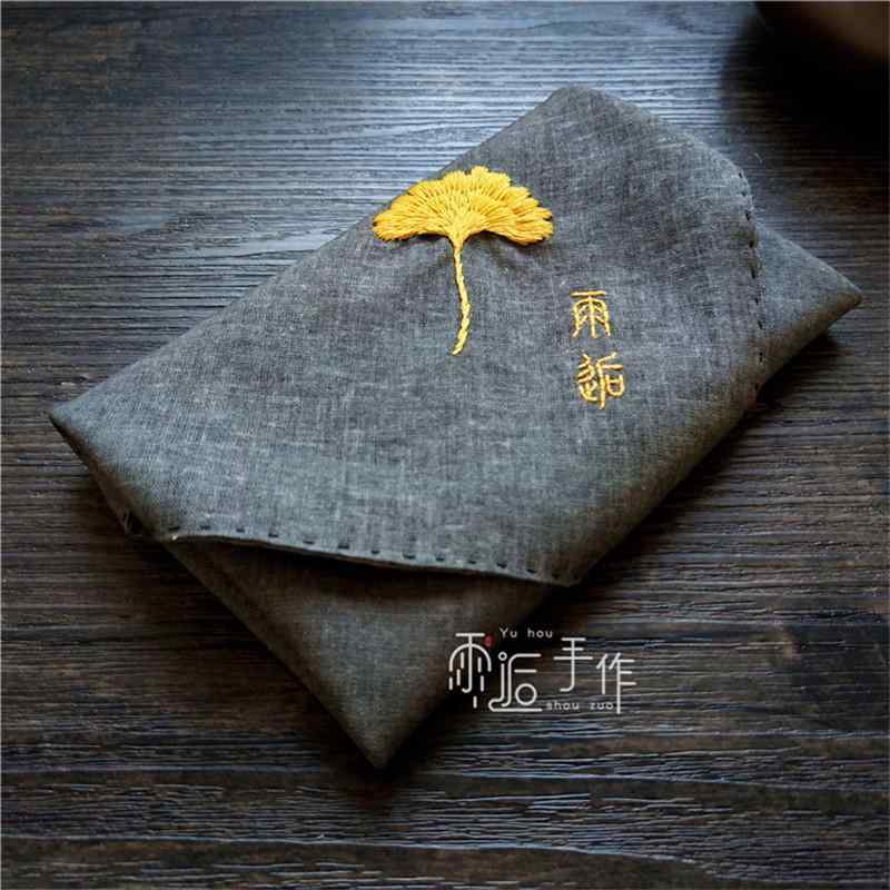 ハンカチ おしゃれ シンプル イチョウの葉 刺繍 コットン リネン カップル プレゼント 雑貨 メンズ レディース ステッチ