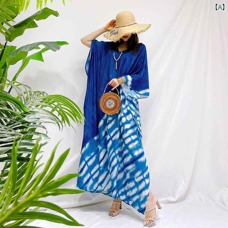 レディース リゾート ワンピース エスニック 絞り染め ロング スカート 旅行 写真 海辺 休暇 ビーチ ドレス 女性