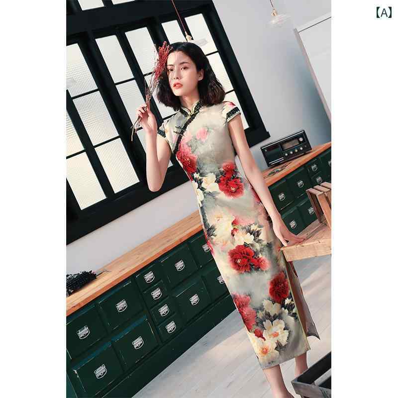 チャイナドレス エレガント おしゃれ レトロ ワンピース シーズン ロング レース ミッド スリーブ キャットウォーク ドレス 女性