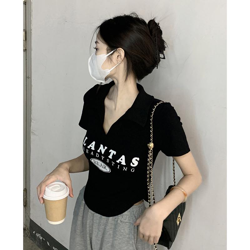 シャツ レディース 夏 カジュアル トップス 黒 Vネック 不規則 半袖 T ホット ガール スリム タイト ハイウエスト ショート