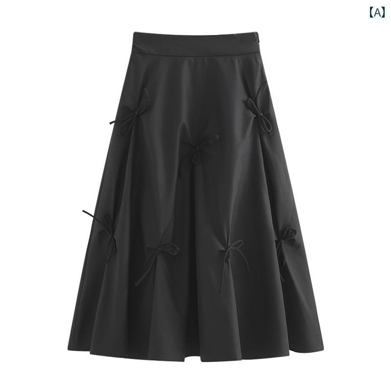 レディース ファッション スカート リボン くしゃくしゃ 秋 スイート ミモレ丈 ハイウエスト Aライン