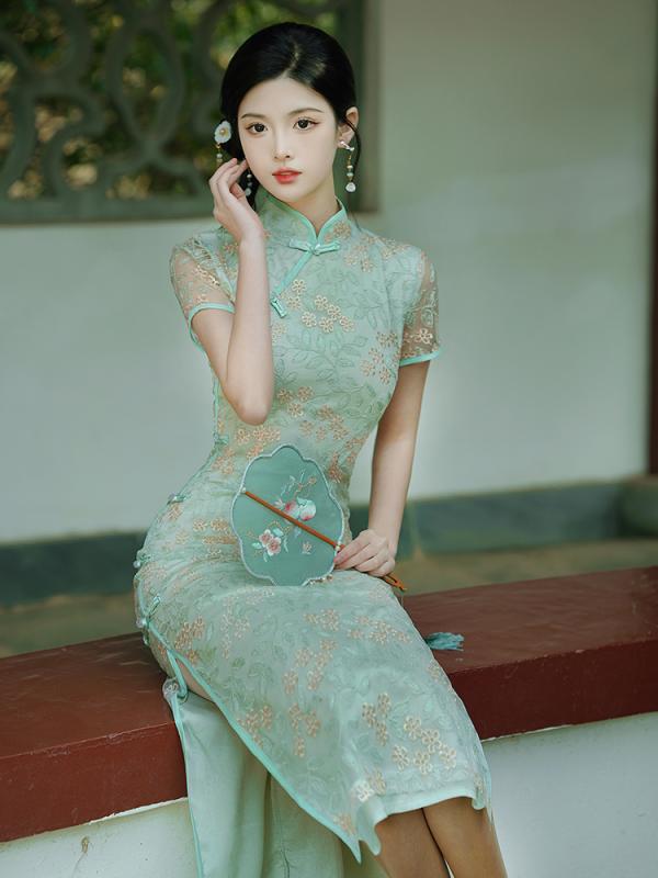China Dress - レディース 若年層 チャイナドレス 中華風 半袖 レトロ さわやか ドレス スリム 夏 レディース