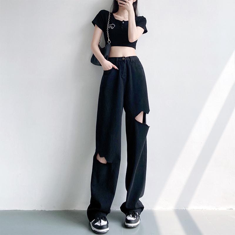 Straight Jeans - パンツ ズボン ボトムス デニム ジーンズ レディース おしゃれ ファッション シンプル 夏 薄手 ハイウエスト ストレート カジュアル ジッパー ワイドレッグ