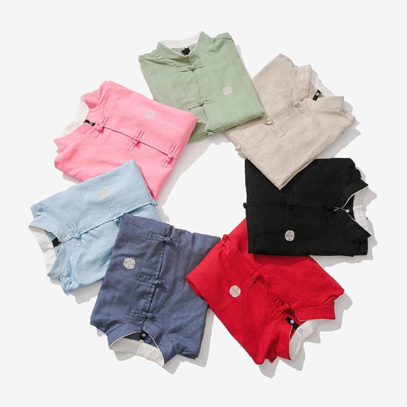 シャツ レディース 秋 夏 中華風 綿麻 七分袖 スタンドカラー カップル ウェア 漢服 ミッド スリーブ ボタン ダウン トップス