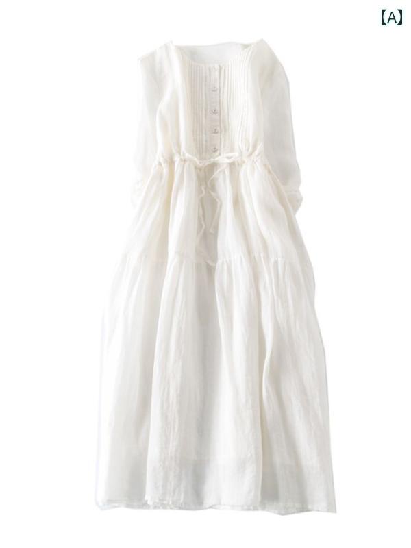 レディース カジュアル ワンピース ロング おしゃれ 文学 ウエスト 巾着 スリム ラウンドネック シングルブレスト ラン タンス リーブ フォレスト スタイル フェアリー ドレス