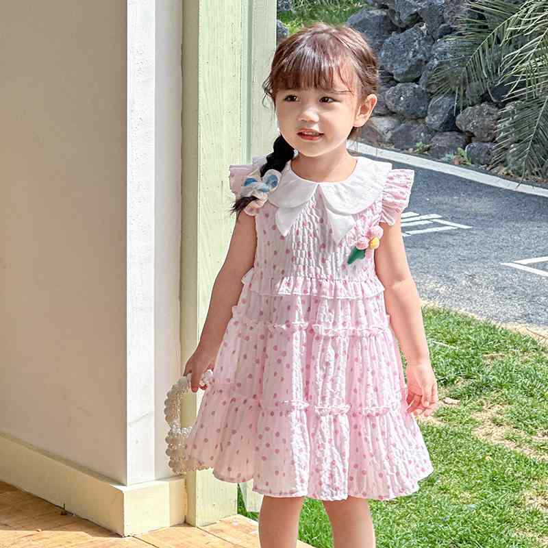 キッズウェアウェア 襟プリンセスドットワンピース 立体フラワー ガーリー 女の子 スカート 夏 子供 ふわふわスカート Aラインスカート