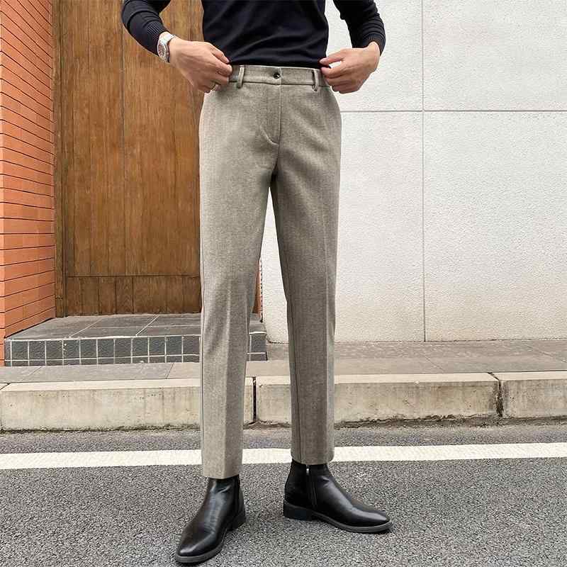 メンズ 秋 冬 カジュアル フォーマル ウール ズボン スリムフィット 厚手 ビジネス 非 鉄 素材 スーツ ..