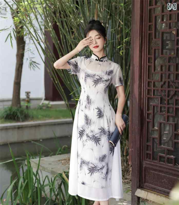 ドレス アオザイ コスプレ 民族衣装 レディース 中華風 チャイナ ヤング 夏 レトロフレンチ ティー ロング ナショナル ハイエンド