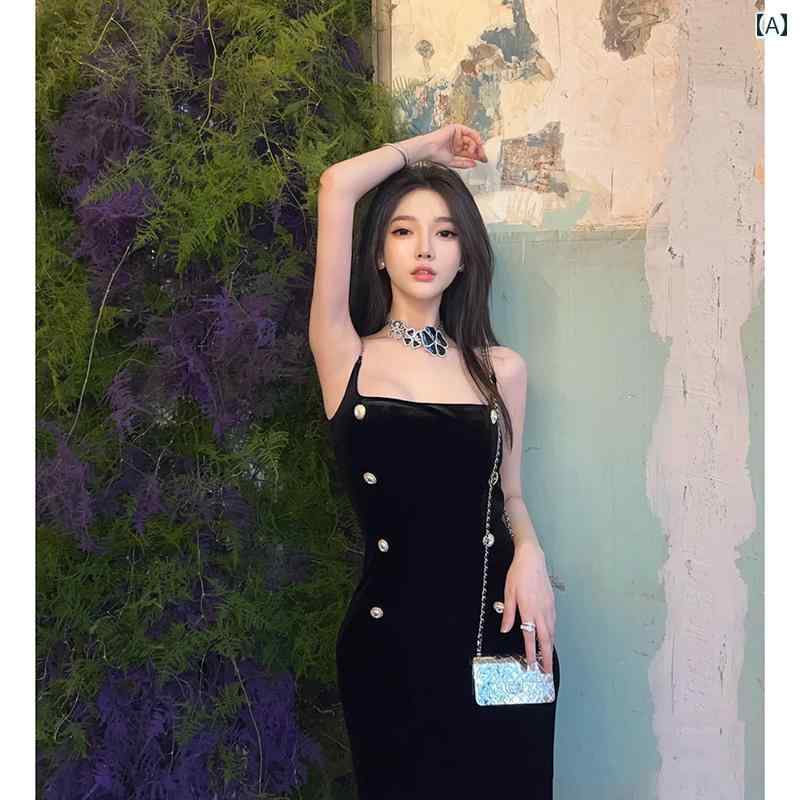 レディース ワンピース 黒 ベルベット ドレス スクエアネック ストラップ ロング スカート バースデー シャツ パーティー ハイエンド