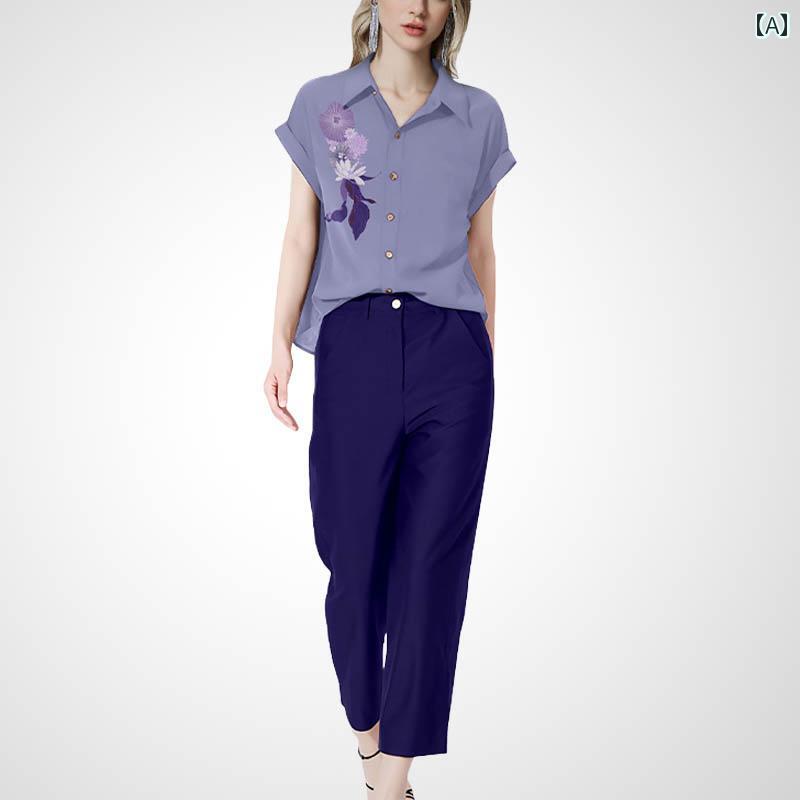 レディースファッション カジュアルスーツ セットアップ セットアップ トップス シャツ パンツ エレガント レディース 半袖 セットアップ 夏