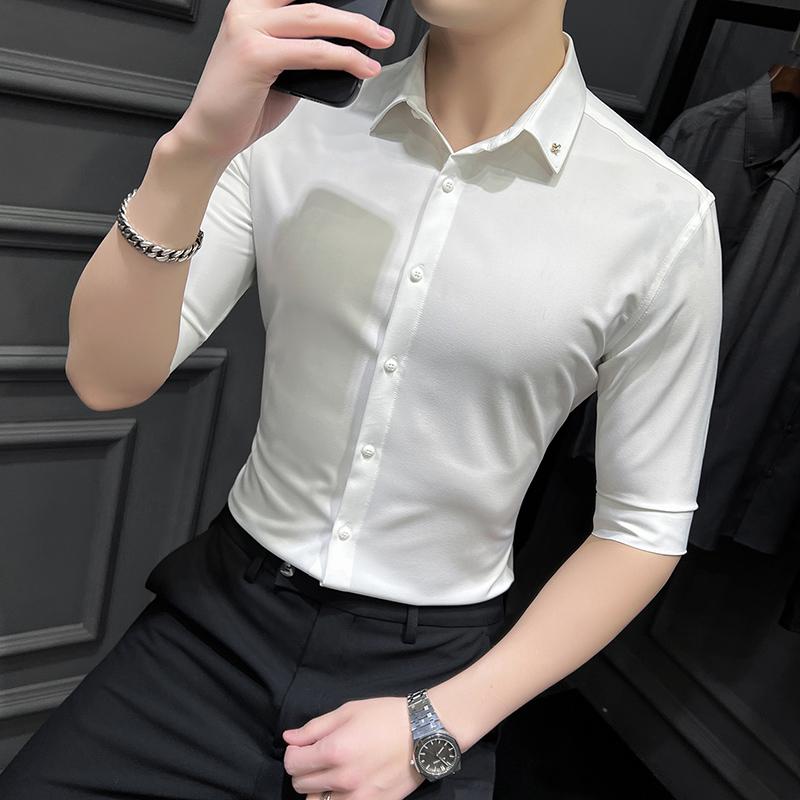 シャツ メンズ ビジネス おしゃれ スタイリッシュ 夏 ソリッドカラー スリムフィット 抗シワ 薄手 カジ..