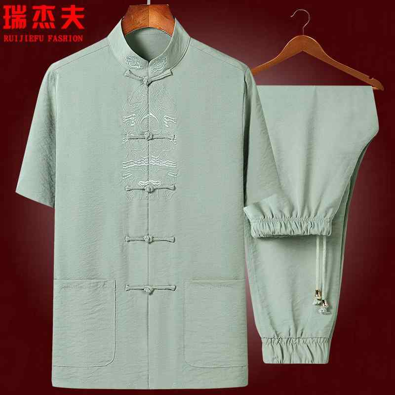 チャイニーズ メンズ ファッション トップス シャツ スーツ セット ロング パンツ ズボン レトロ チャイナ風 唐装 メンズ 漢服 カジュアル 半袖 夏