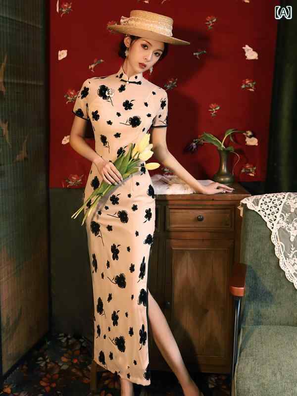 レディース ワンピースドレス パフォーマンス 撮影 衣装 コスプレ かわいい アプリコット チャイナ ドレス 女性 レトロ 中華風 半袖 デイリー ロング ハイエンド