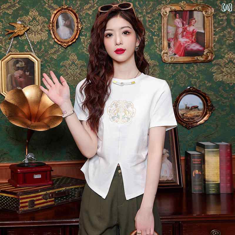 Tシャツ ブラウス チャイナ風 半袖 夏 ノーブル スタイリッシュ ショッピング 通勤 通学 レディース