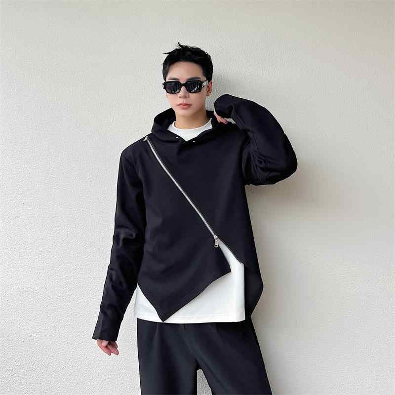 シャツ メンズ 秋 春 不規則 斜め前 立て ジッパー フード付き スウェット トップス ハイエンド ファッション