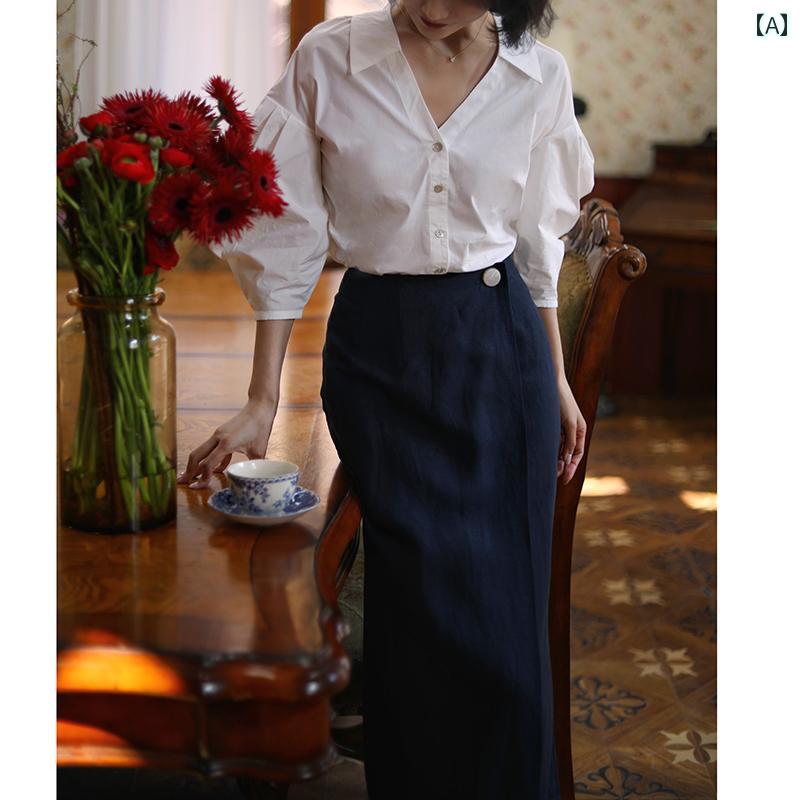 スカート レディース 春夏秋 ハイウエスト スリム スリット リネン素材 ボタン装飾 ヒップカバー ミモレ丈 H型 ペンシルストレート エレガント スタイリッシュ ヴィンテージ風 カジュアル