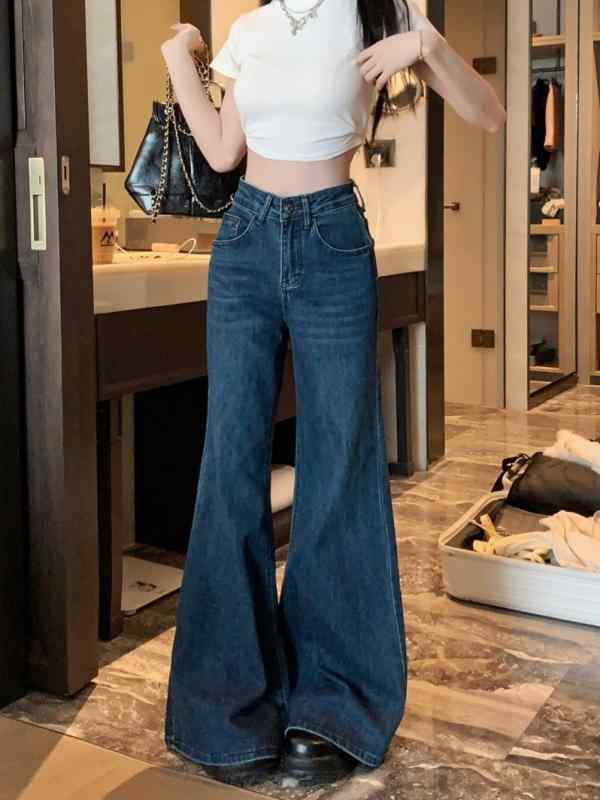 Bell Bottom Jeans - レディース ワイドレッグ デニムパンツ かわいい レトロ ブルー フレア ジーンズ 夏 カジュアル ベルボトム パンツ ハイウエスト ゆったり フロアレングスズボン シンプル