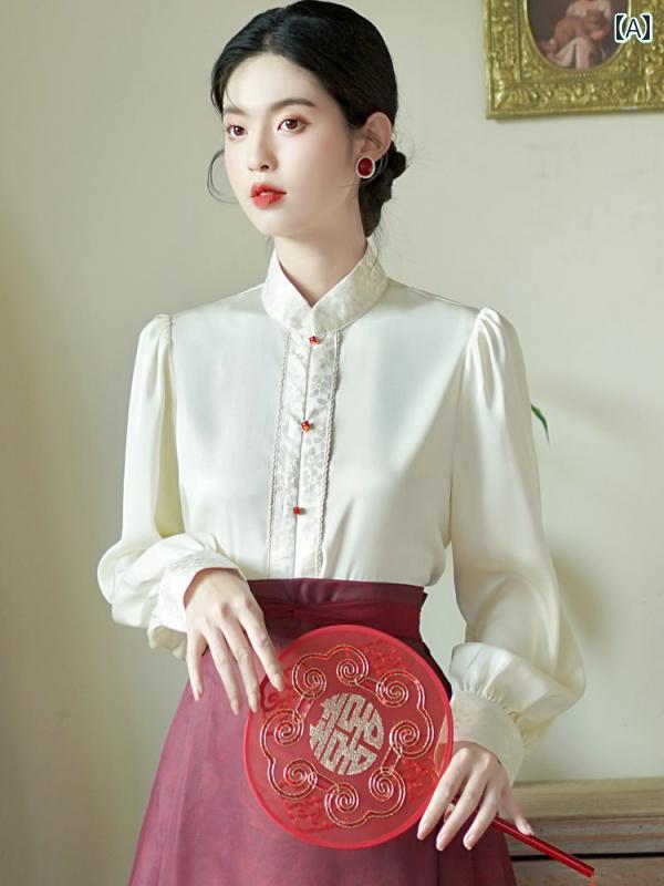 春 レディース チャイナ風 ボタン継ぎレース ジャカード シャツ袖 ホーススカート 上下セット レトロ 漢服 レディース スタンドカラー ゆったり