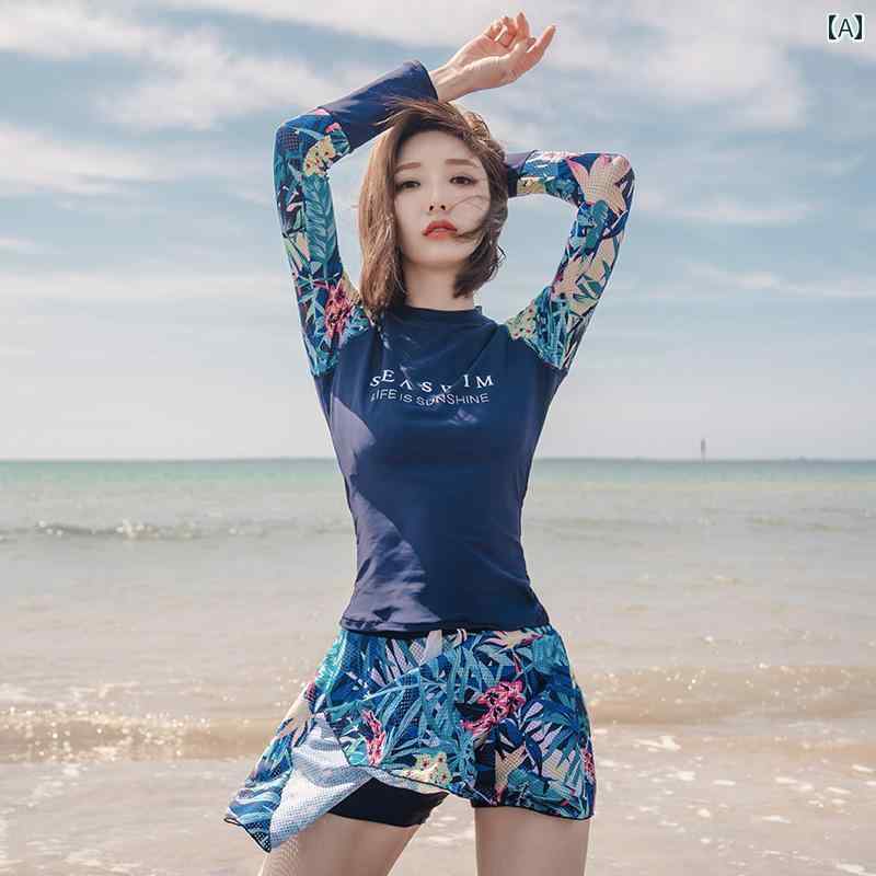 水着 レディース 体型カバー プール ビーチ サーフィン マリンスポーツ 海水浴 ショートパンツスカート ラッシュガード 長袖 トップス 日焼け防止 ウエスト カバー 韓国 スリム レディース セパレート(4.0)