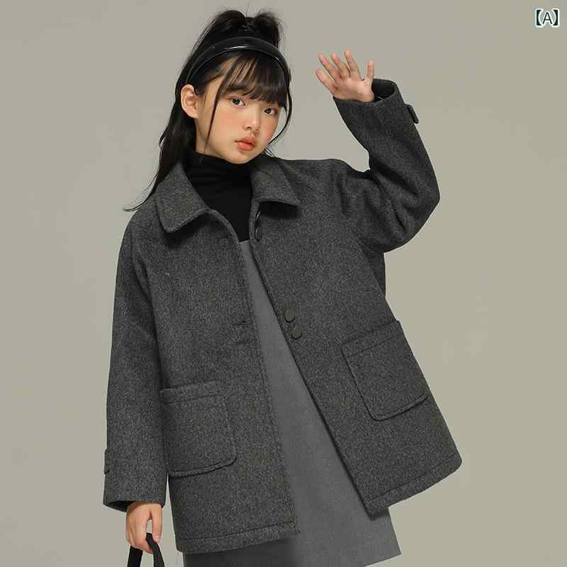 コート 子供服 アウター カジュアル おしゃれ カジュアル おしゃれ キッズ 女の子 秋冬 ソリッドカラー レトロ ウール 中型 大型 子供用 シンプル 韓国